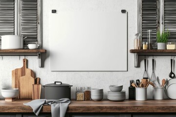 Rustic Kitchen Mockup with Blank Poster and Wooden Shelves