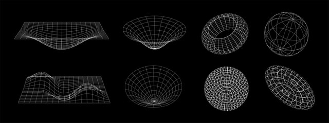 Geometry wireframe shapes and grids in neon acid color. 3D hearts, abstract backgrounds, patterns, cyberpunk elements in trendy psychedelic rave style. 00s Y2k retro futuristic aesthetic.