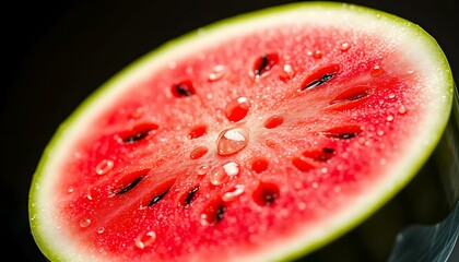 Refreshing Watermelon Slice with Waterdrops Juicy Fruit on Dark Background