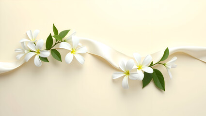 Elegant White Flowers and Satin Ribbon on Soft Beige Background