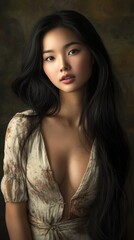 Fototapeta premium A woman with long black hair wears a floral dress