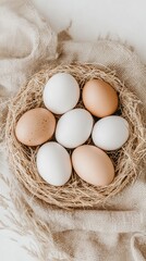 Eggs rest in a straw basket while chickens move freely in the background under warm sunlight on a farm