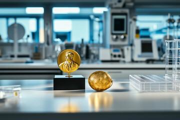 A Nobel Prize medal and a golden globe placed on a laboratory table surrounded by scientific equipment, symbolizing scientific achievement and discovery.