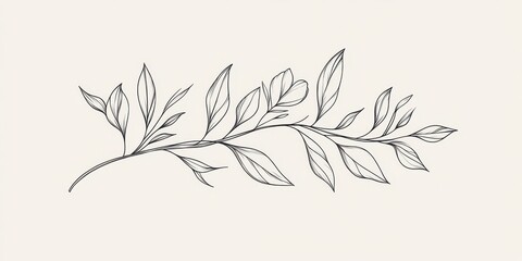 Simple Black Line Drawing of Sprig with Small Leaves on Light Background