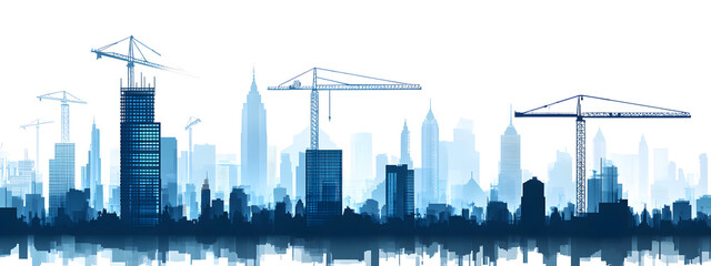 Obraz premium A blue silhouette of buildings and construction cranes on white background vector illustration 