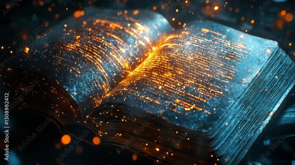 Poster a captivating digital artwork depicting a glowing book with dynamic golden text flowing across its p