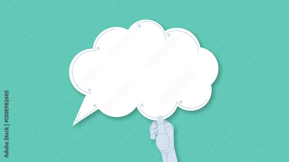 Poster animation of a robot hand holding a speech bubble. flat style animation. ai robot comunnication.