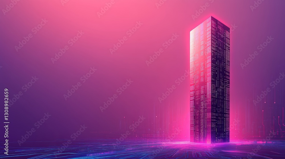 Poster futuristic skyscraper of data code on glowing circuit board, symbolizing digital age.