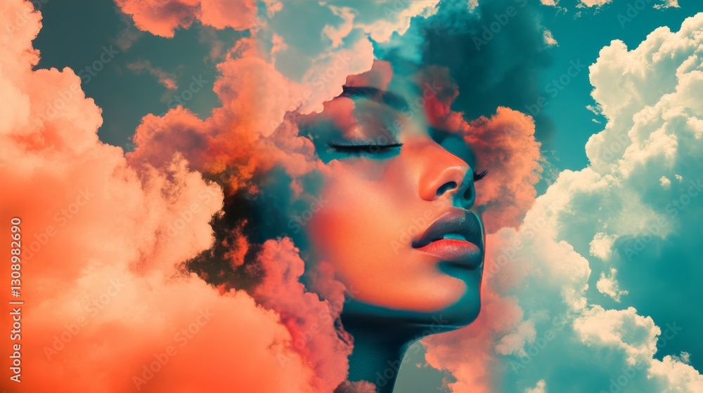 Poster an artistic surreal portrait of a woman surrounded by vibrant orange and teal clouds, creating a str