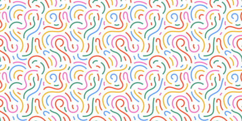 Fun colorful line doodle seamless pattern. Creative minimalist style art background for children or trendy design with basic shapes. Simple childish scribble backdrop. Vector stock background