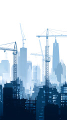 A blue silhouette of buildings and construction cranes on white background vector illustration
