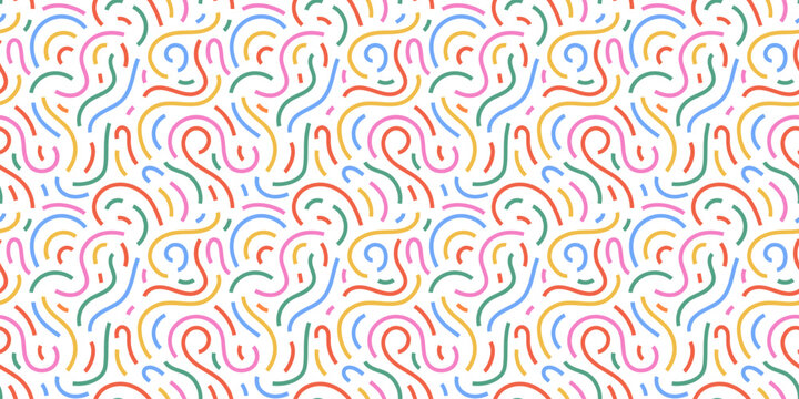 Fun colorful line doodle seamless pattern. Creative minimalist style art background for children or trendy design with basic shapes. Simple childish scribble backdrop. Vector stock background