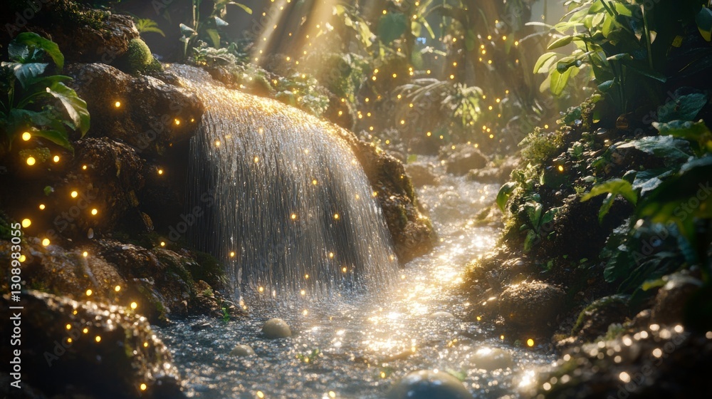 Aufkleber a small stream flows through lush greenery, with sunlight and glowing particles creating a magical a