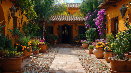 Fototapeta premium Vibrant courtyard filled with colorful flowers and lush greenery in a sunny, tropical setting. Generative AI