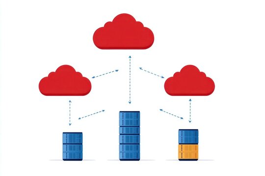Abstract cloud computing illustration displaying interconnected data servers with vibrant red and blue colors, symbolizing technology and connectivity with a modern design
