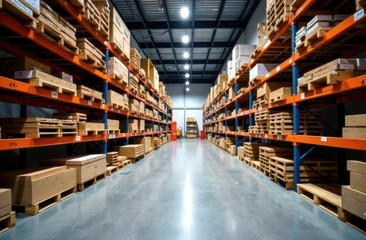 Storage area with organized shelves and packed boxes in a warehouse