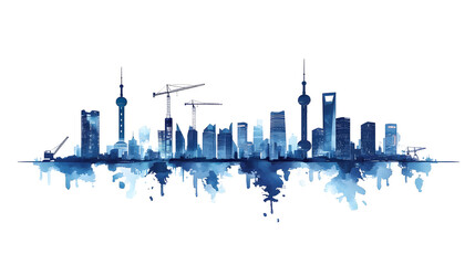 A blue silhouette of buildings and construction cranes on white background vector illustration
