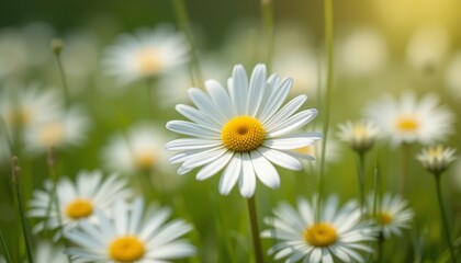 Obraz premium A daisy flower in a field of blurred daisies and green grass.