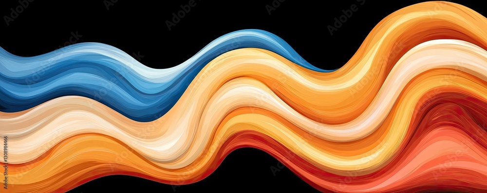Poster a vibrant wave pattern featuring blue, orange, and cream colors on a black background, creating an e