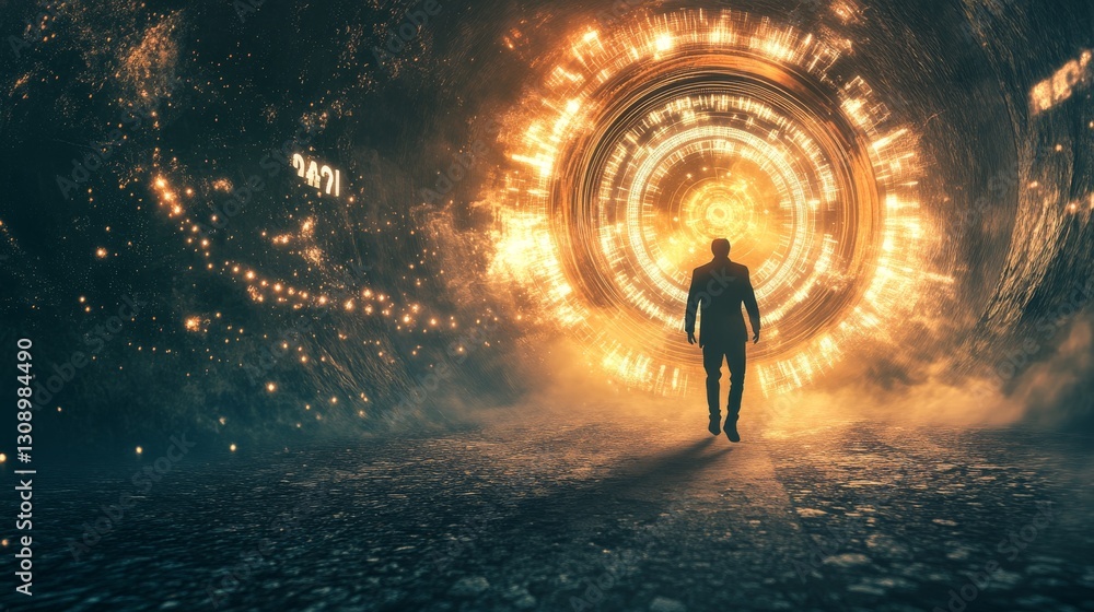 Poster a silhouetted figure moves towards a brightly illuminated tunnel, symbolizing a journey into the fut
