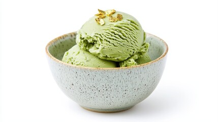 Obraz premium A bowl of creamy green ice cream scoops garnished with delicate embellishments, exuding a refreshing and delightful appearance.