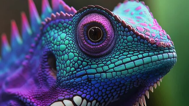 Colorful lizard with a blue face and green body. The lizard is sitting on a green leaf