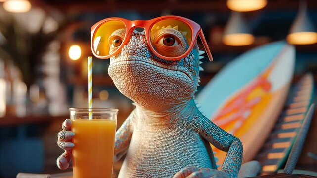 Lizard is sitting on a beach chair with a glass of orange juice in its hand. The lizard is wearing sunglasses and he is enjoying a relaxing day
