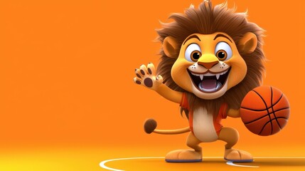 Fototapeta premium Majestic Lion Holding Basketball Against Vibrant Orange Background