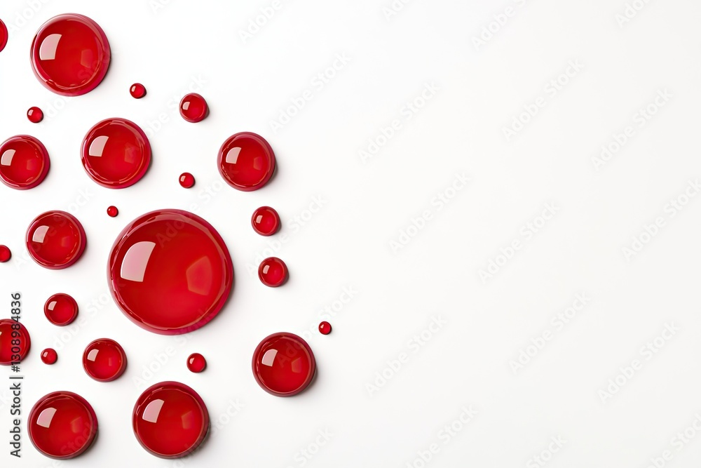 Poster a collection of red droplets on a white background, showcasing varying sizes and a glossy texture, c