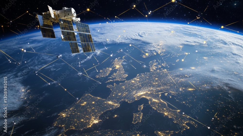 Poster a satellite in space orbits earth, showcasing a connected global network with illuminated cities acr