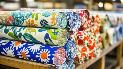 Vibrant Floral Fabric Rolls in a Warehouse