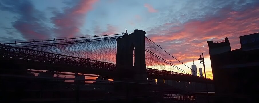 Silhouette of bridge at sunrise under colorful twilight sky