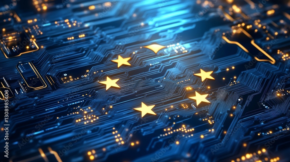Poster gold stars over a blue circuit board symbolize european digital networks and technology integration,