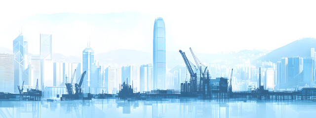 A blue silhouette of buildings and construction cranes on white background vector illustration
