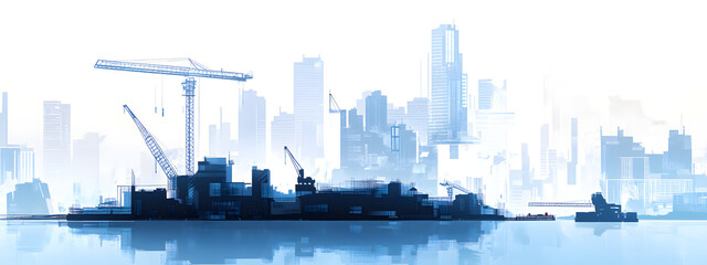 Obraz premium A blue silhouette of buildings and construction cranes on white background vector illustration 