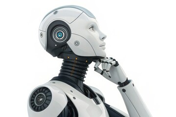 Futuristic Humanoid Robot with Advanced AI Technology, White Cybernetic Android with a Thoughtful Expression