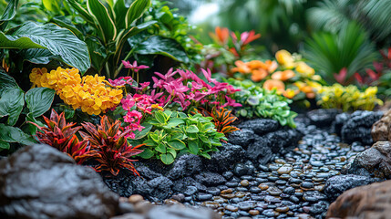 Vibrant garden flowers along a serene stream with rocks in a lush tropical setting. Generative AI