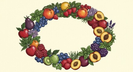 Colorful fruit wreath with strawberries, peaches, and berries on light background