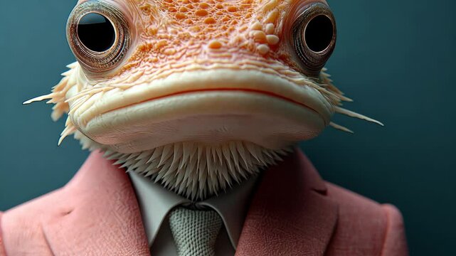 Frog wearing a pink suit and tie. The frog has a serious expression on its face. The image is a creative and whimsical take on the typical frog appearance