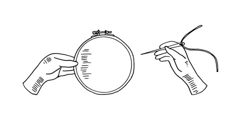 Hand-drawn cartoon embroidery illustration with hoop and needlework. © Muse Stock