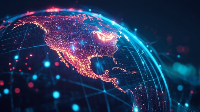 A digital illustration of North America illuminated by red and blue data points, representing communication networks or technology. The image conveys a sense of global connectivity and futuristic tech