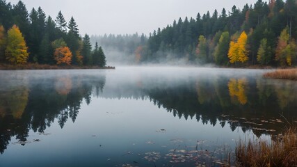 Fototapeta premium Murmurs of Autumn: A Foggy Sunrise at the Water's Edge