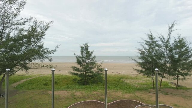 Beautiful Aerial Drone View Summer At Tanjung Kembang Water Park Beach Kabong , White Sandy Beaches, Coconut,And Palm Oil Plantation,Longe House,Homestay,Seratok,Sarawak,Borneo.