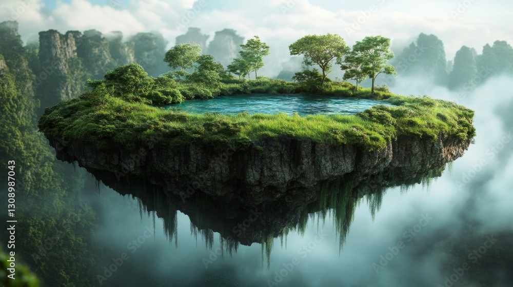 Poster a magical floating island surrounded by mist and featuring a clear pond and lush trees, set against 