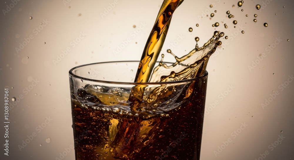 Poster refreshing soda splashing into glass with dynamic bubbles