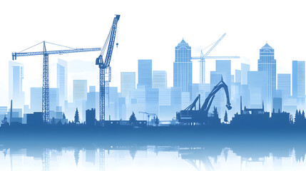 A blue silhouette of buildings and construction cranes on white background vector illustration
