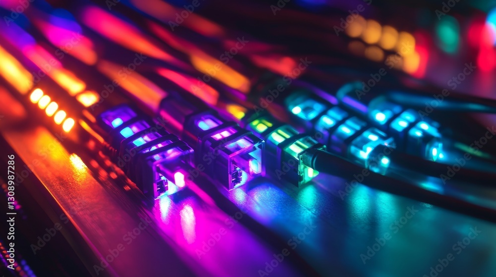 Poster brightly illuminated network cables are lined up in a close-up shot, with vibrant led lights creatin