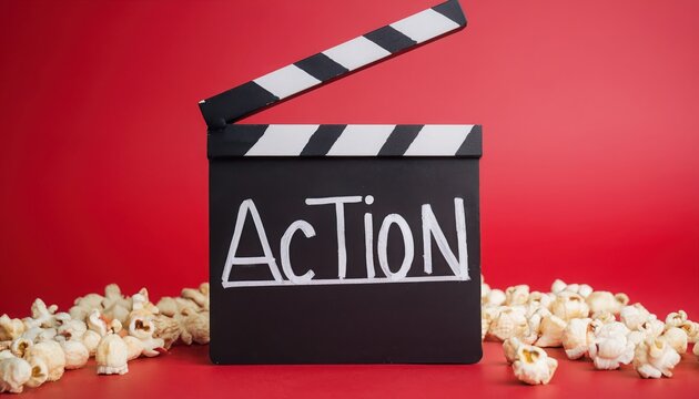 A film clapperboard with the word 'ACTION' against a red background and popcorn scattered.