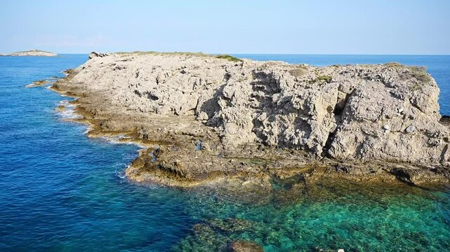 View of Kape Apostolos and Kleides Islands at the very eastern tip of the Karpasia Peninsula in the Turkish Republic of Northern Cyprus. Most easterly point on mainland Cyprus.