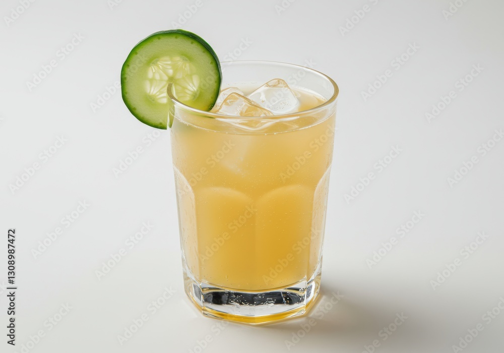 Poster refreshing cucumber lemonade in a glass with ice cubes on a white background